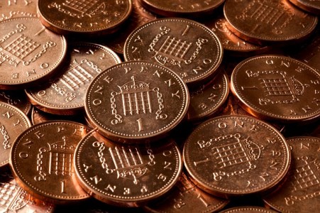 British one penny coins. Image shot 2009. Exact date unknown.